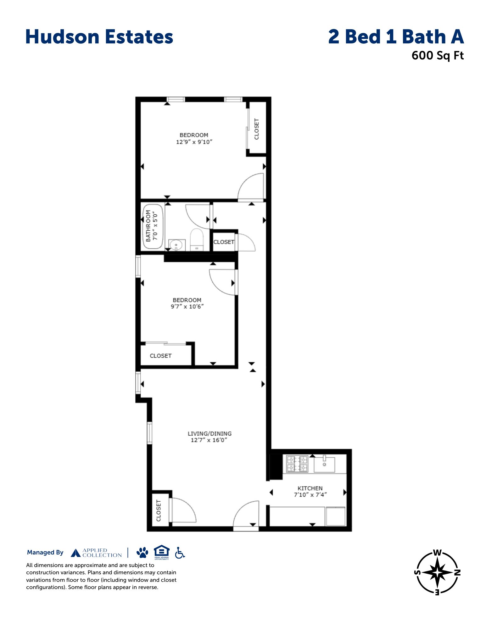Floor plan for 2 beds, 1 bath, 600 sqft